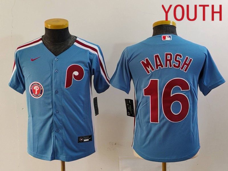 Youth Philadelphia Phillies #16 Marsh Blue Throwback 2024 Nike MLB Jersey style 3->youth mlb jersey->Youth Jersey